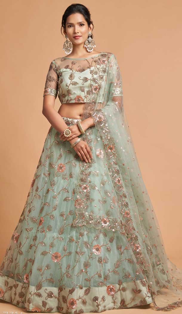 Sage Green Color Soft Net Fancy Festive Wear Plus Size Lehenga Choli - 3700149117