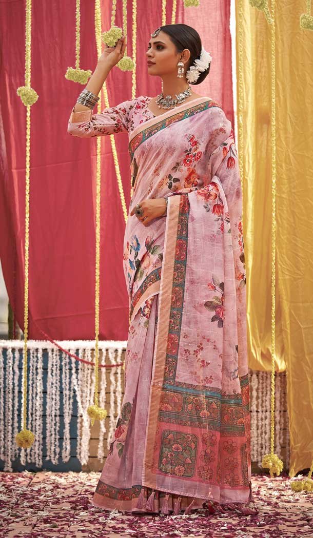 Lavender Color Linen Designer Party wear Sequins Woven Saree - 3710149193