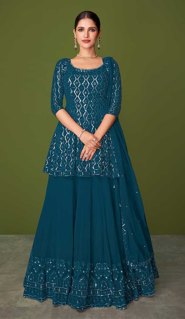 Teal Blue Color Faux Georgette Designer Party Wear Sharara Suit -3716149230