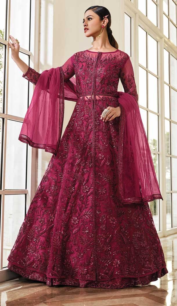 Magenta Color Soft Net Designer Evening Wear Plus Size Gown Suit - 3718149242