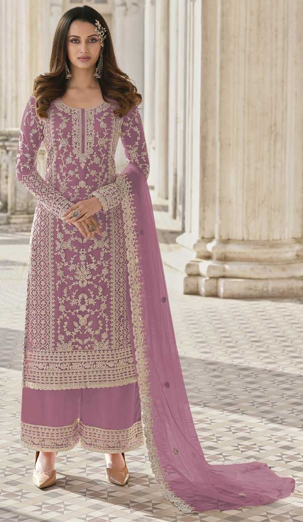 Glamorous Violet Color Butterfly Net Evening Party Women Palazzo Suit -3781149653