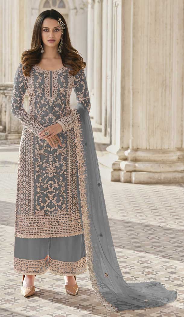 Grey Color Butterfly Net Evening Party Women Palazzo Suit -3781149657