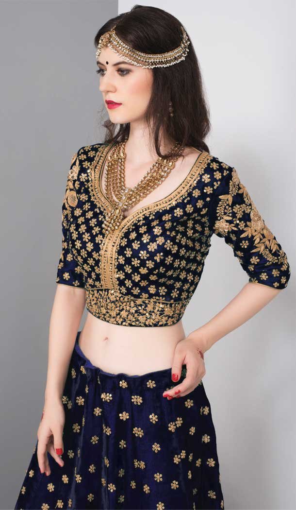Navy Blue Color Pure Velvet Designer Bridal Wedding Wear Lehenga Choli -3783149663