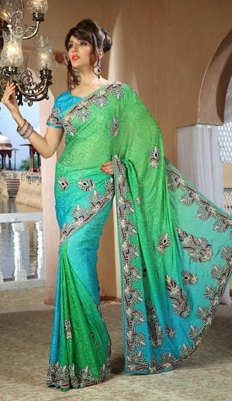 Sparkling Green & Greenish Blue Bridel  Saree