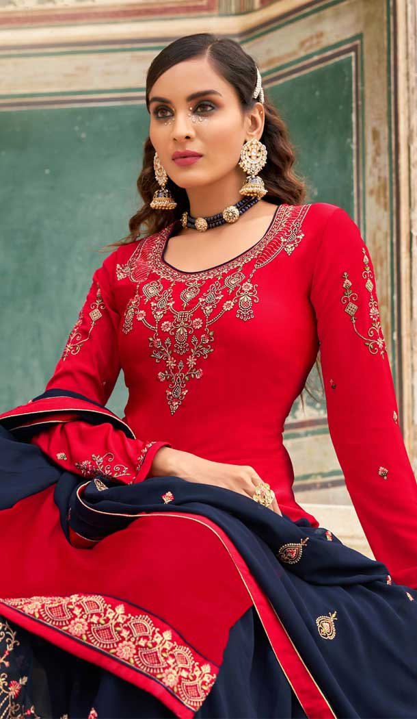 Aesthetic Red Color Crape Embroidery Party Wear Women Lehenga Suit -3745149410