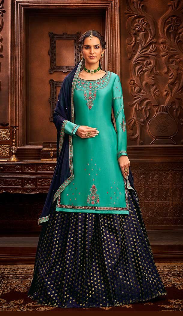 Captivating Sky Blue Color Modal Satin Embroidery Party Wear Lehenga Suit -3746149411