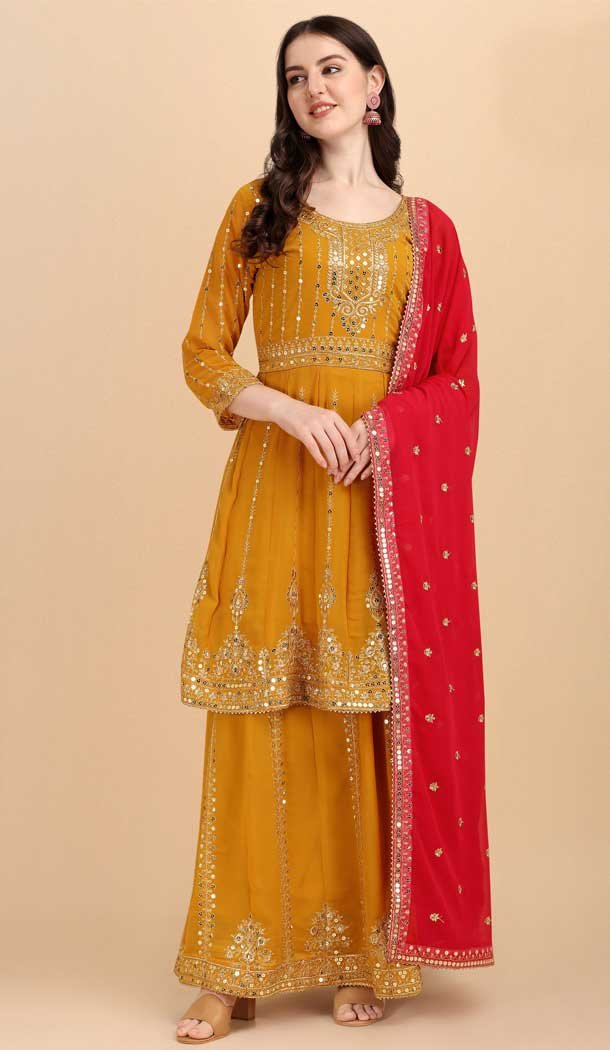 Majesty Mustard Color Heavy Fox Georgette Embroidery Palazzo Salwar Suit-4159152208
