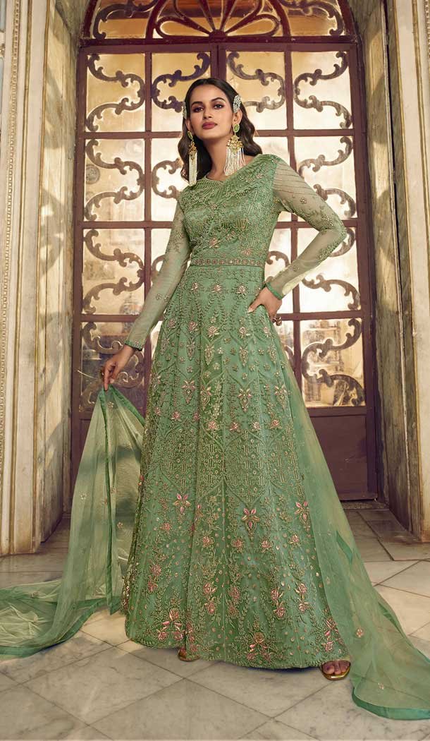 Pista Green Color Butterfly Net Embroidery Work Pakistani Anarkali Salwar Kameez -4402154249