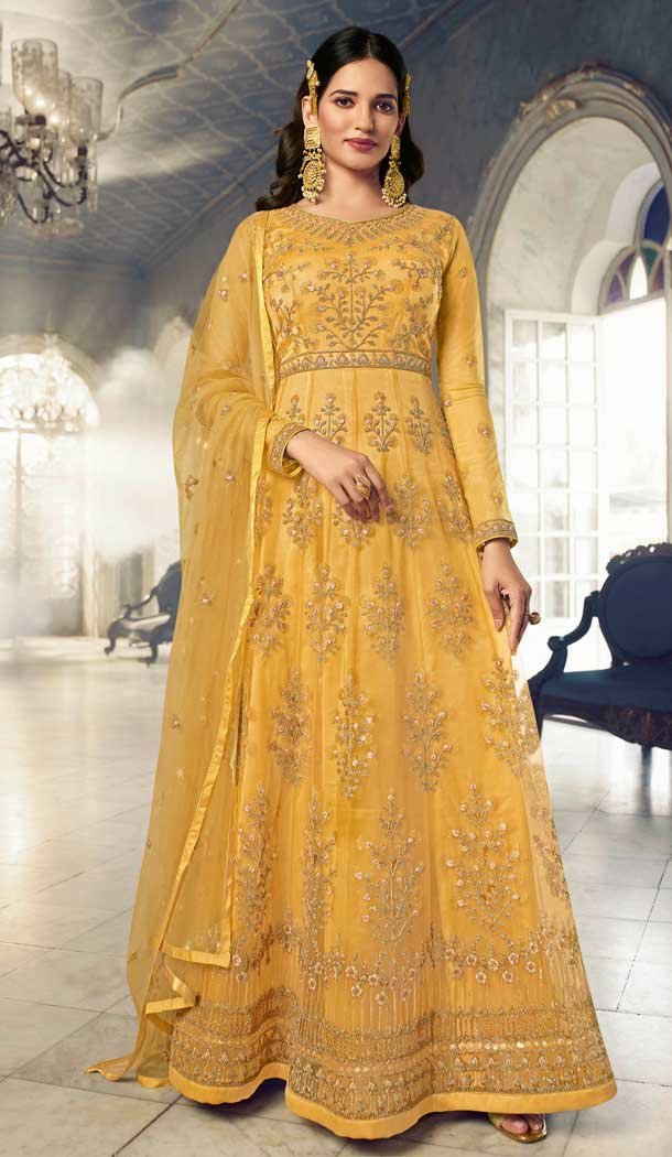 Yellow Color Butterfly Net Embroidery Work Pakistani Anarkali Salwar Kameez -4402154253