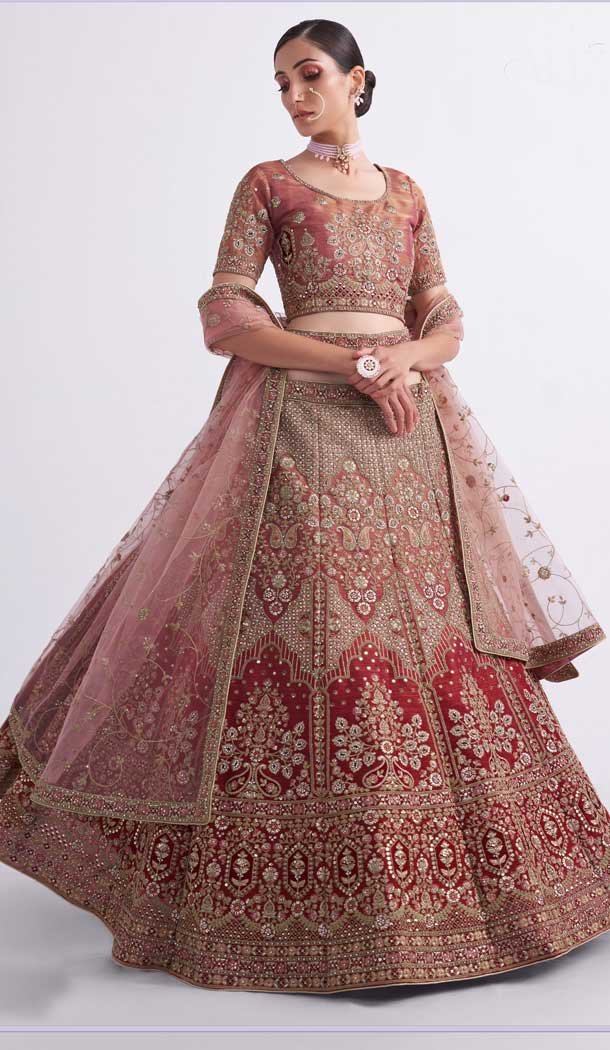 Peach Color Silk Sequence Embroidery Work Bridal Wedding Lehenga Choli -4403154260