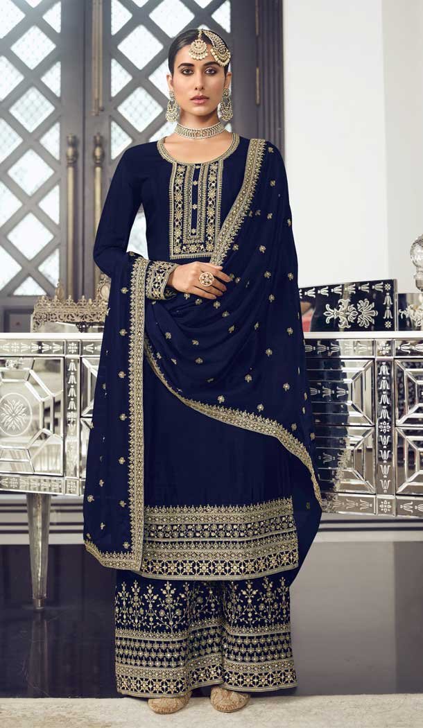 Navy Blue Color Dola Silk Pakistani Palazzo Salwar Suit - 4447154598