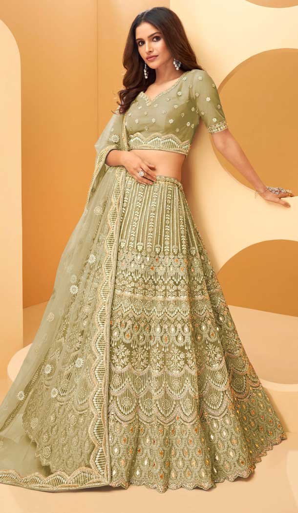 Pista Green Color Net Heavy Embroidery Work Bridal Women Lehenga Choli 4430154499 Heena Style