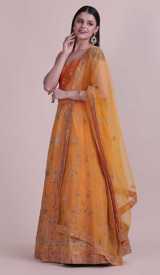 Orange Color Taffetta Silk Fancy Evening Wear Lehenga Choli - 4449154608