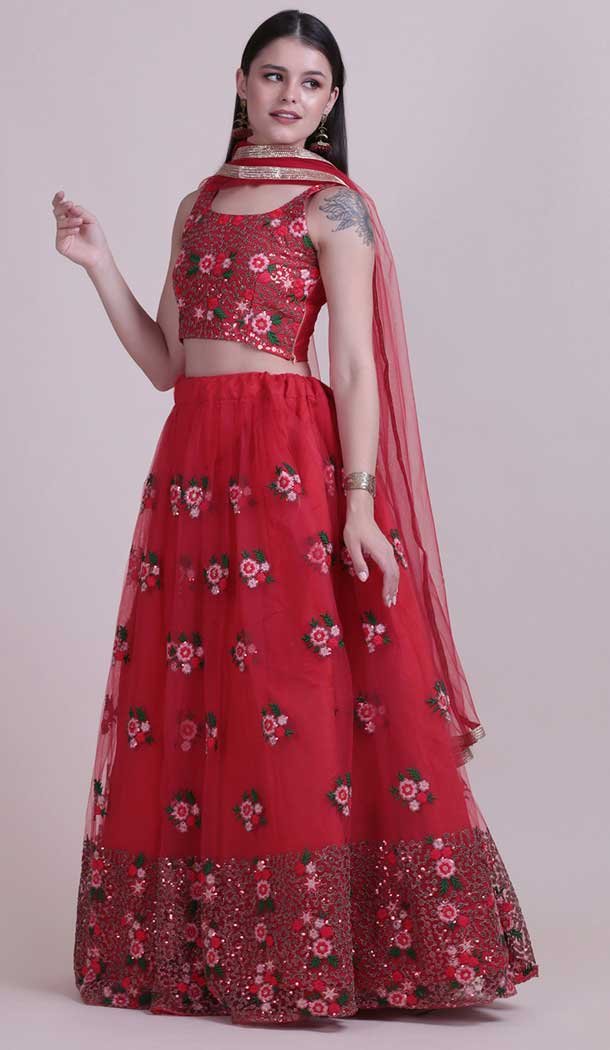 Red Color Net Fancy Evening Wear Lehenga Choli - 4449154609