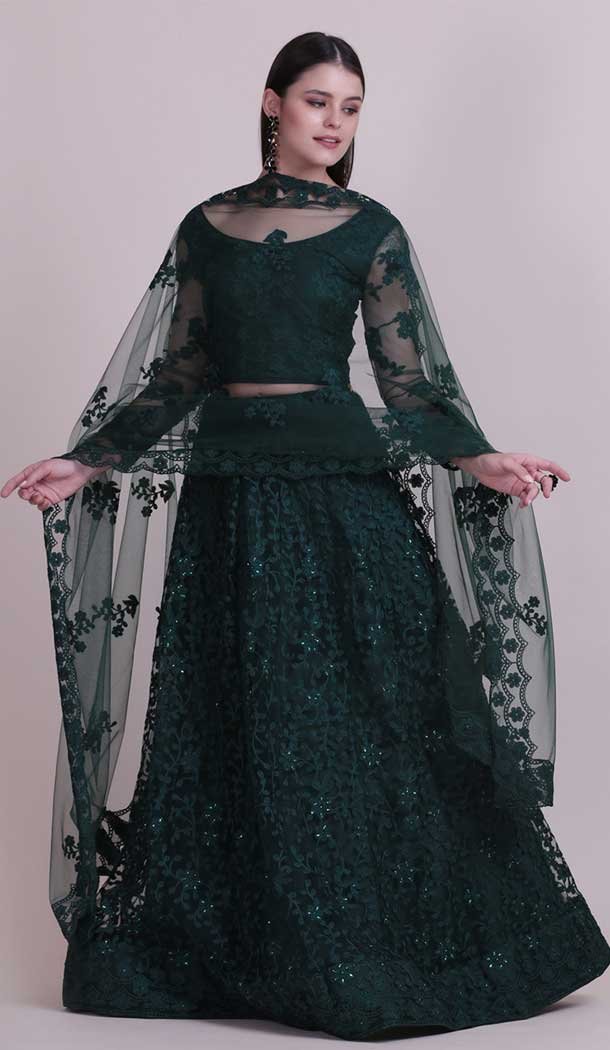 Emerald Green Color Net Fancy Evening Wear Lehenga Choli - 4449154611