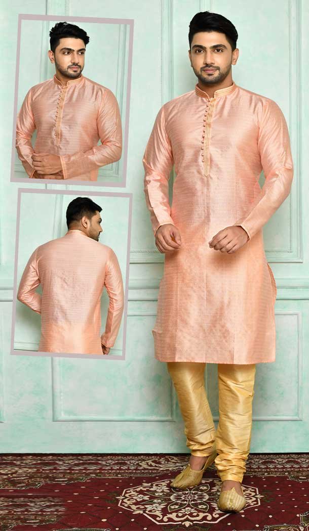Majesty Pink Color Brocade Designer Wear Men's Plus Size Kurta Pajama -4455154693