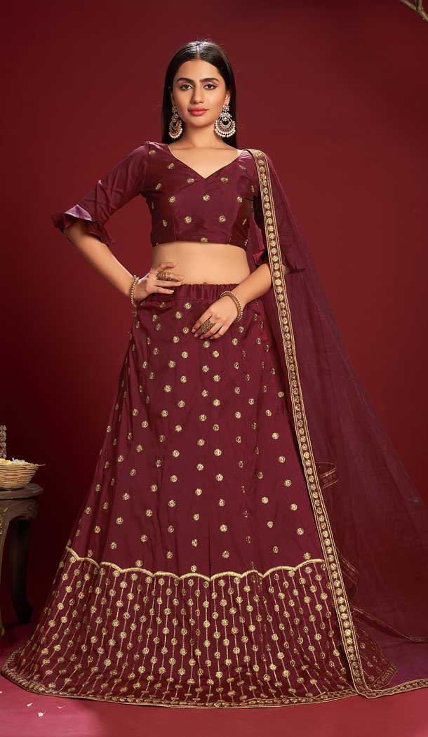 Maroon Color Taffeta Silk Designer Evening Wear Lehenga - 4450154626