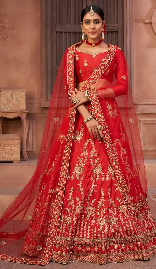 Smashing Red Color Taffeta Silk Designer Festive Wear Lehenga Choli - 4451154634