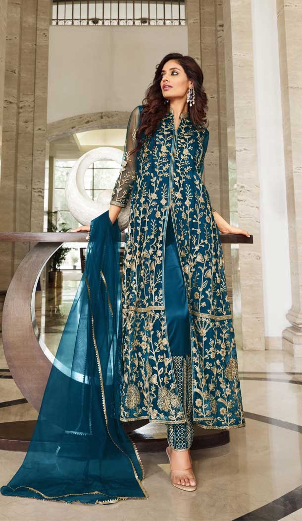 Teal Blue Color Pure Butterfly Net Sequence Work Heavy Party Wear Suit- 4458154743
