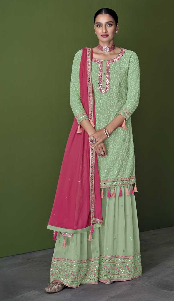 Pista Green Color With Embroidery Work Faux Georgette Party Wear Palazzo Suit - 4474154853