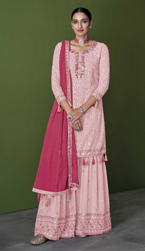 Baby Pink Color With Embroidery Work Faux Georgette Party Wear Palazzo Suit - 4474154854