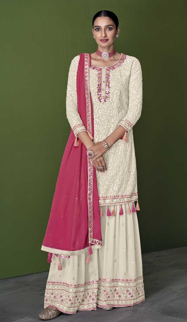 White Color With Embroidery Work Faux Georgette Party Wear Palazzo Suit - 4474154855