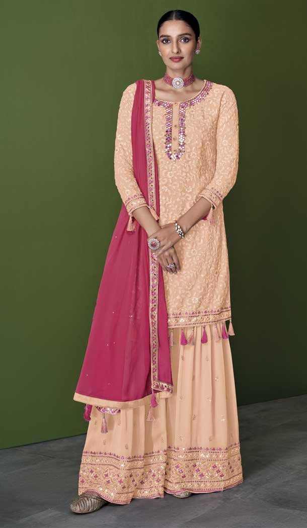 Peach Color With Embroidery Work Faux Georgette Party Wear Palazzo Suit - 4474154856