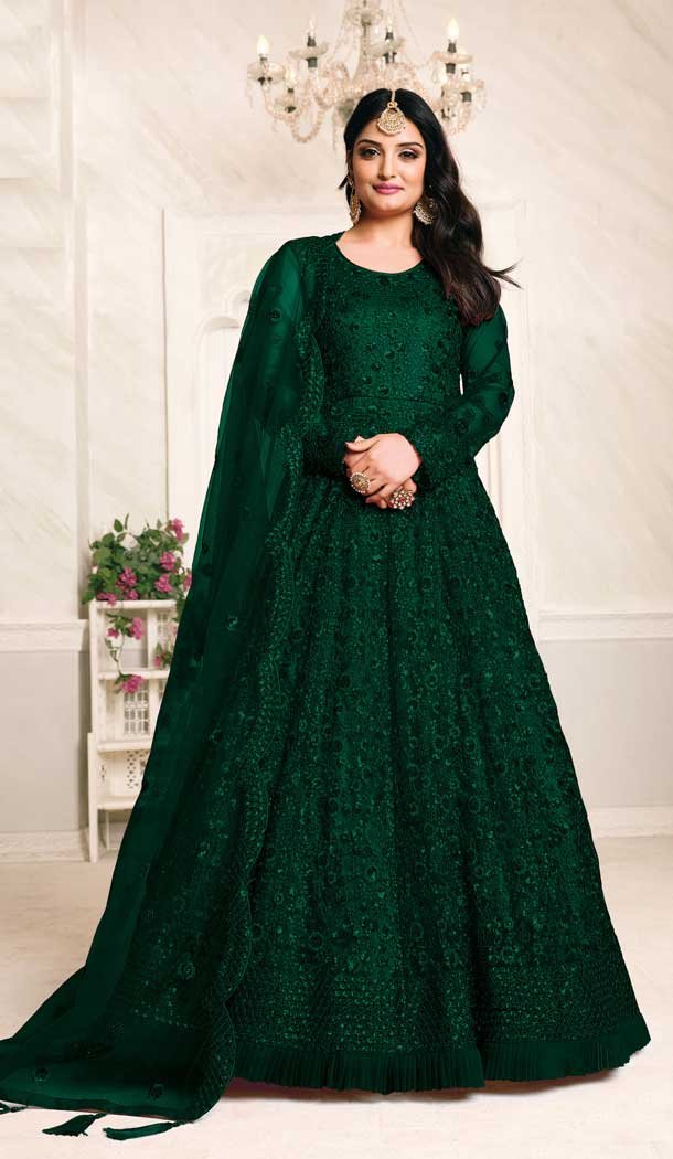 Green Color Net Sequence Work Party Wear Long Gown Dresses - 4483154902