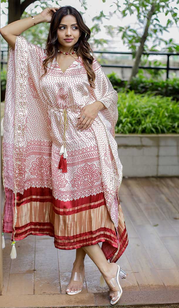 Off White Color Pure Gaji Silk Bandhani Digital Print Party Wear Kaftan Kurti -4485154912