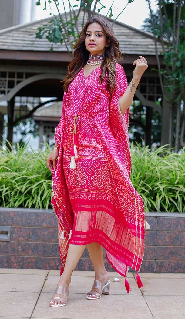 Pink Color Pure Gaji Silk Bandhani Digital Print Party Wear Kaftan Kurti -4486154915