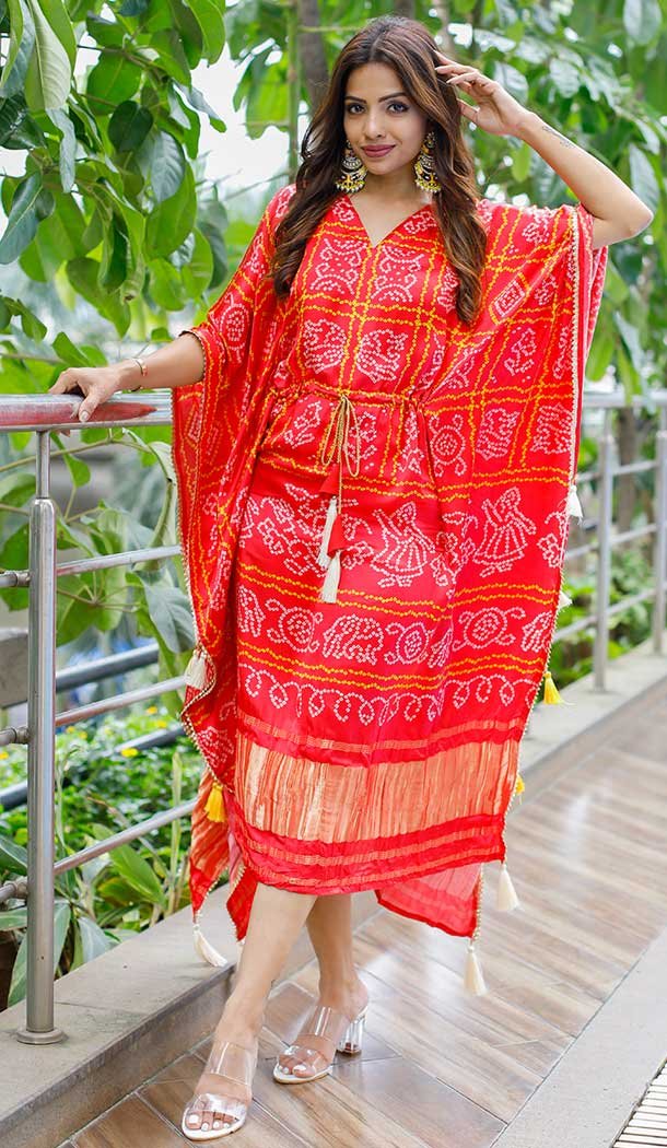 Red Color Pure Gaji Silk Bandhani Digital Print Party Wear Kaftan Kurti -4486154916