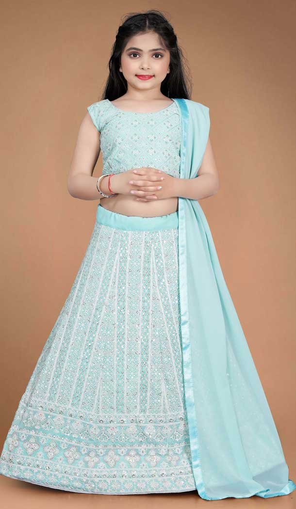 Sky Blue Color Heavy Fox Georgette Kids Girls Party Wear Lehenga Choli -4470154836