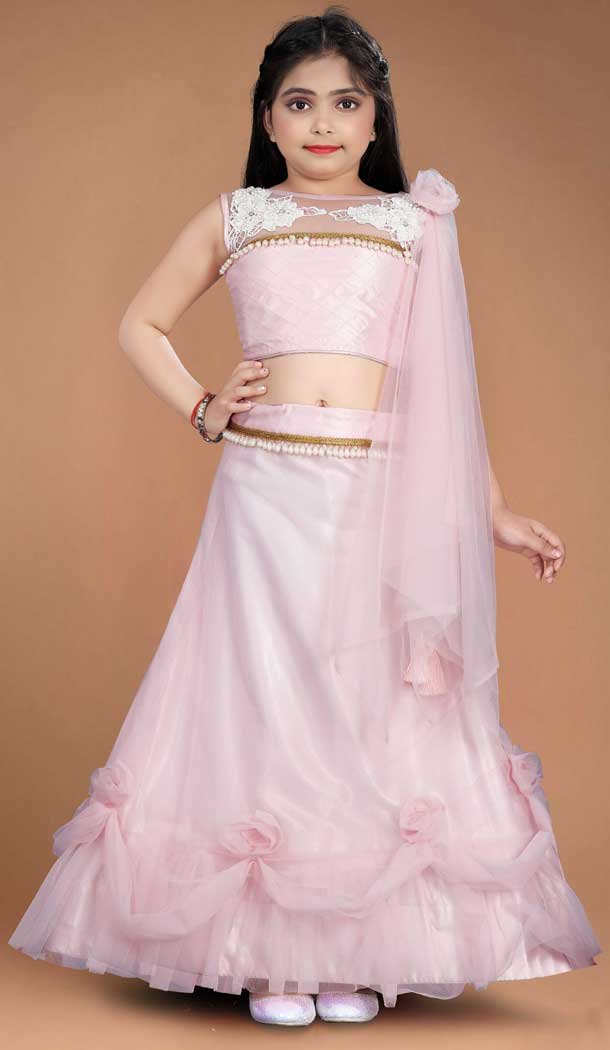 Pink Color Heavy Net Handwork With Kids Girls Party Wear Lehenga Choli -4471154841