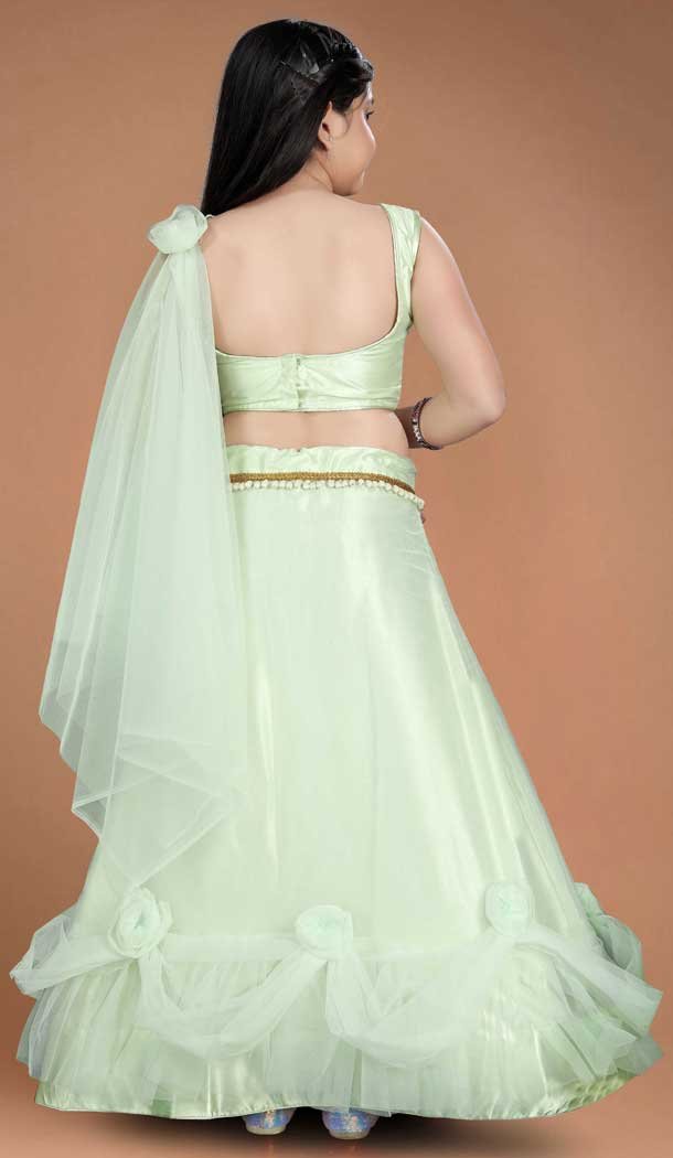 Light Green Color Heavy Net Handwork With Kids Girls Party Wear Lehenga Choli -4471154842