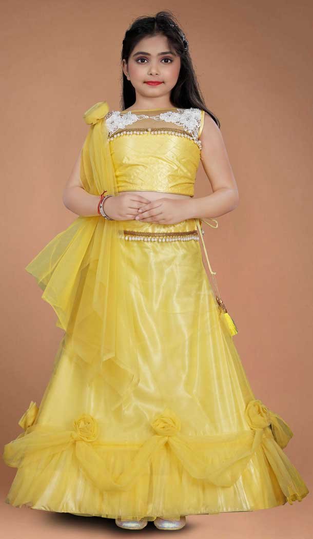 Yellow Color Heavy Net Handwork With Kids Girls Party Wear Lehenga Choli -4471154843