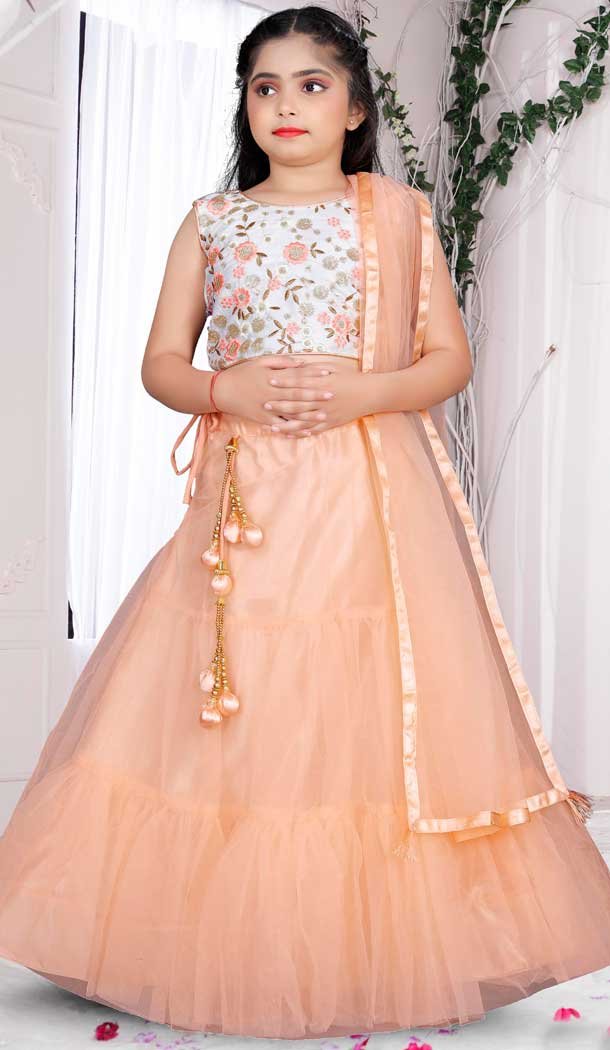 Peach Color Embroidered Net Kids Girls Lehenga Choli -4472154844 