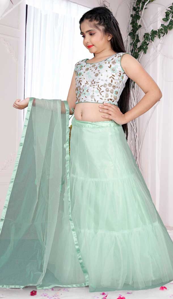 Mint Green Color Embroidered Net Kids Girls Lehenga Choli -4472154847 