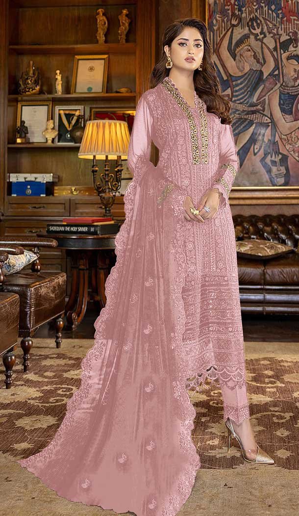 Pink Color Embroidery Work Faux Georgette Evening Wear Churidar Suit -4491154954