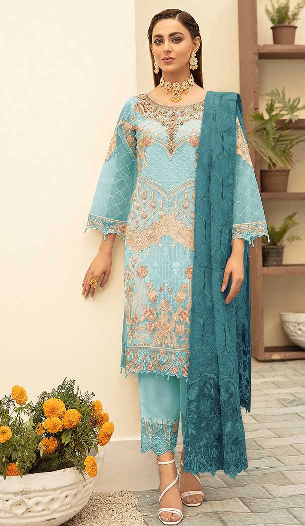 Sky Blue Color Embroidery Work Heavy Georgette Eid Festive Wear Salwar Suit - 4505155054