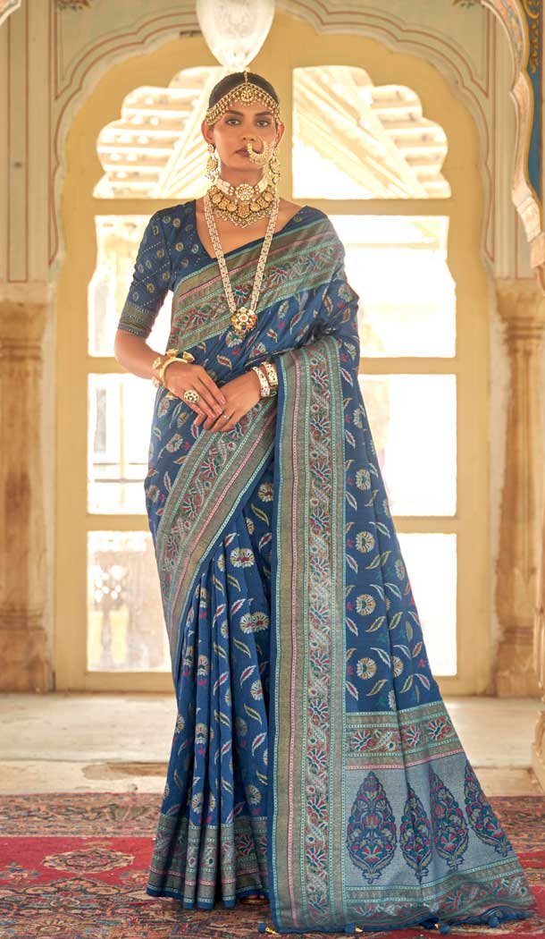 Blue Color Smooth Silk Foil Print Work Traditional Party Wear Saree -4515155118