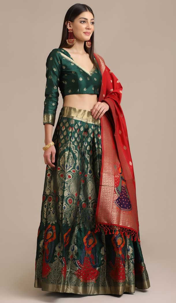 Green Color Jacquard Zari Work Traditional Party Wear Lehenga Choli - 451715537