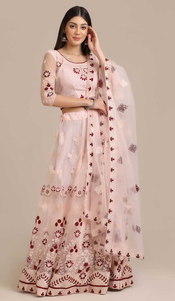 Light Pink Color Net Embroidery Work Traditional Party Wear Lehenga Choli - 4517155155