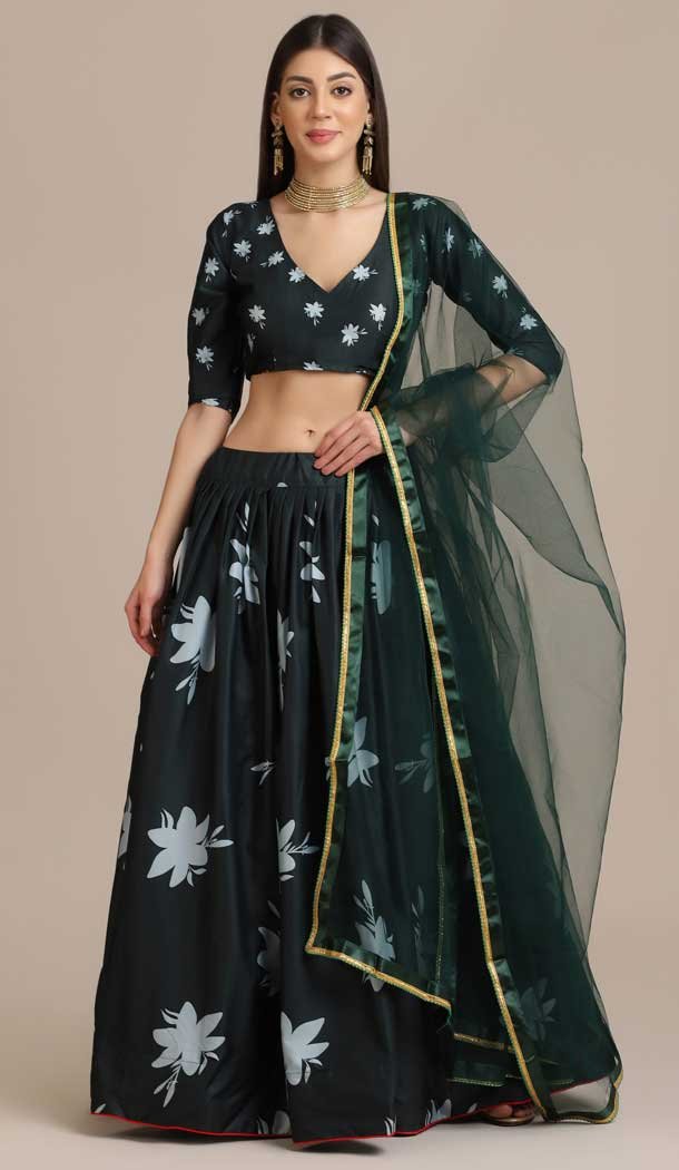 Pretty Black Color Crepe Floral Print Work Traditional Party Wear Lehenga Choli - 4517155156
