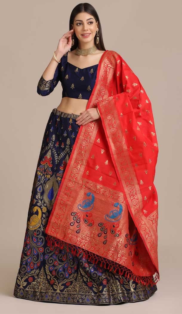Navy Blue Color Jacquard Gold Woven Work Traditional Party Wear Lehenga Choli - 451715559