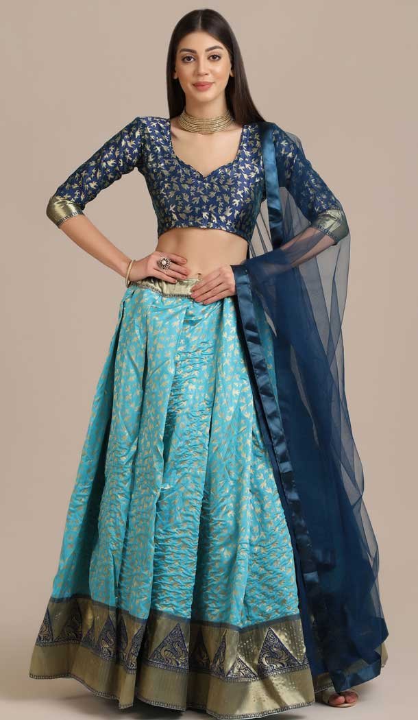 Beautiful Sky Blue Color Jacquard Gold Woven Work Traditional Party Wear Lehenga Choli - 451715561