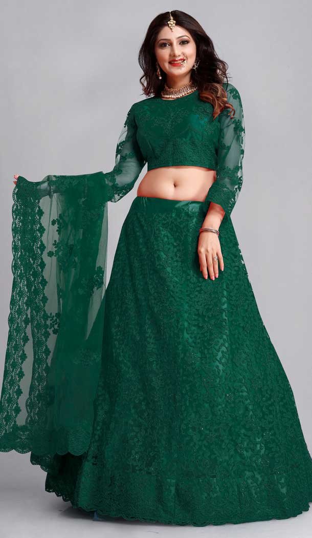Green Color Embroidery Work Net Traditional Party Wear Lehenga Choli-4518155164