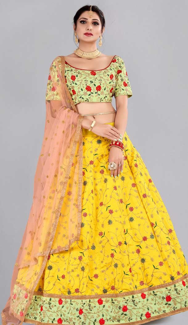 Yellow Color Embroidery Work Taffeta Silk Party Wear Women Lehenga Choli -4519155170