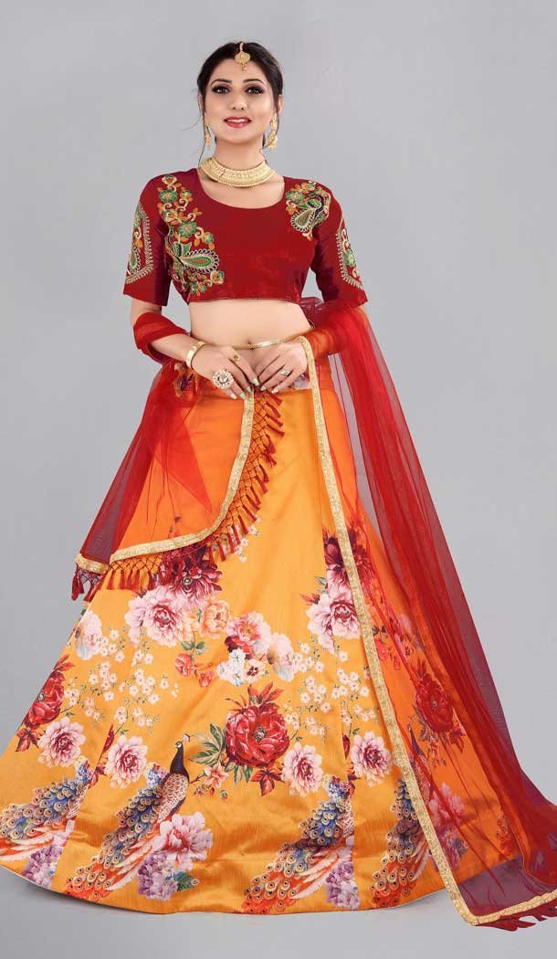 Orange Color Floral Printed Work Banglory Silk Party Wear Women Lehenga Choli -4519155183
