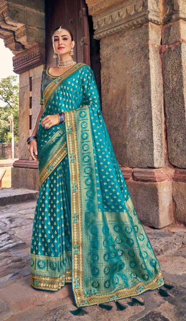 Blue Color Embroidery Work Dola Silk Wedding Wear Plus SIze Saree -4530155256