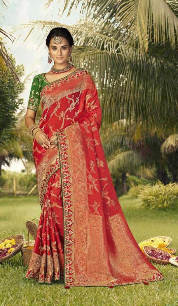 Red Color Gaji Silk Weaving And Gota Pati Work Wedding Wear Saree -4533155294